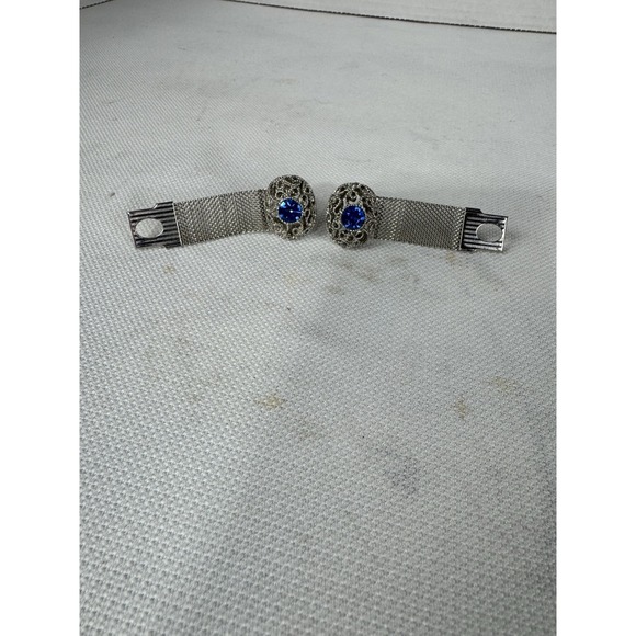 SWANK Jewelry - Vintage‎ Silver Tone Mesh Bracelet Blue Rhinestone Oval Filigree Clasp